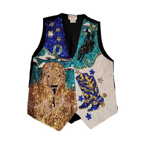 Vintage Fashion Fantasy Vest Sequins Beaded Western Bedazzled Cowgirl Bronco Y2K - Picture 1 of 11